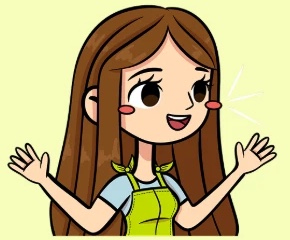 Illustration of a smiling cartoon instructor with long brown hair and arms raised
