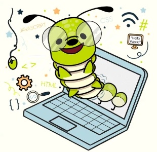 Illustration of a caterpillar emerging from a laptop, surrounded by HTML, CSS, and JavaScript doodles