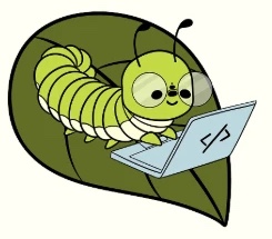 Illustration of a green caterpillar wearing glasses and coding on a laptop while resting on a leaf