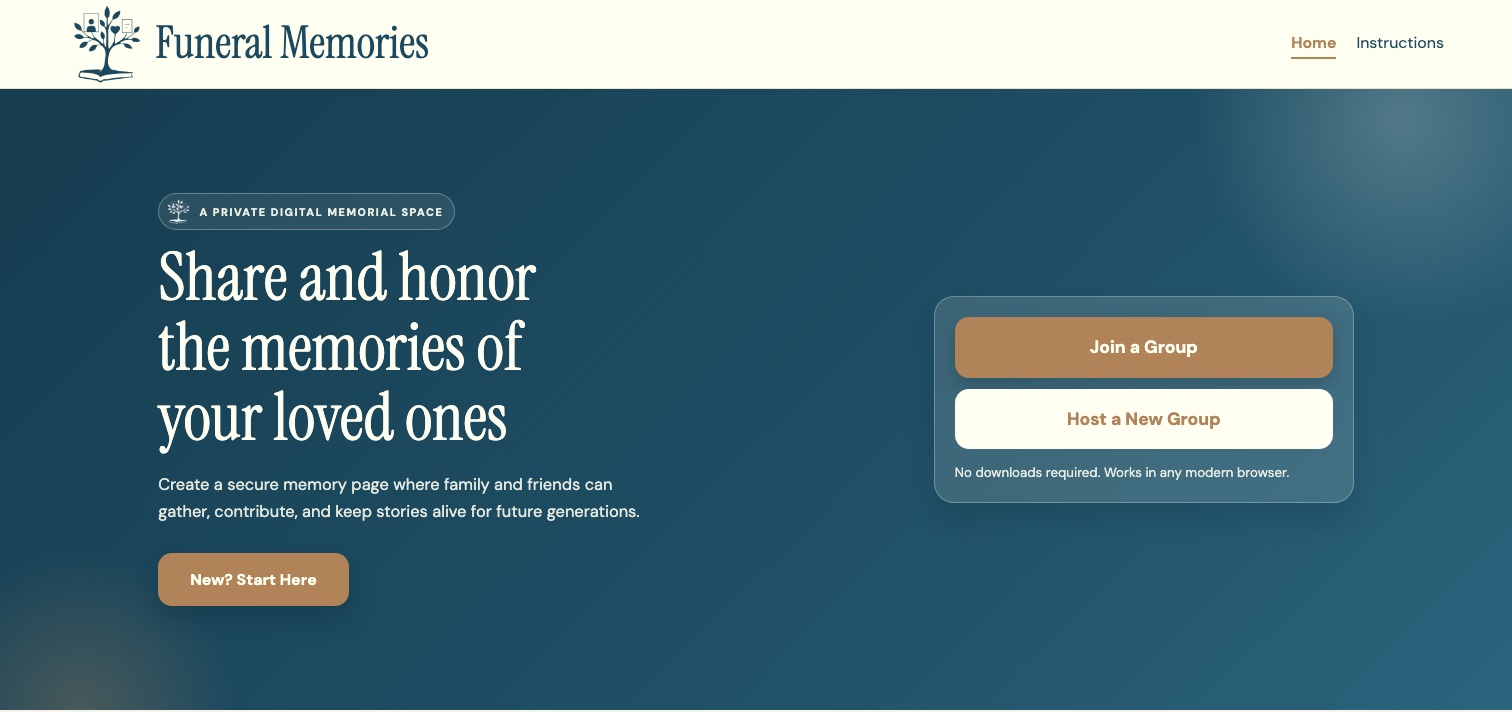 Funeral Memories home page with the headline “Share and honor the memories of your loved ones” on a deep teal background