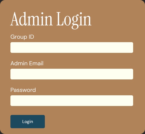 Admin Login pop-up asking for a Group ID, admin email, and password