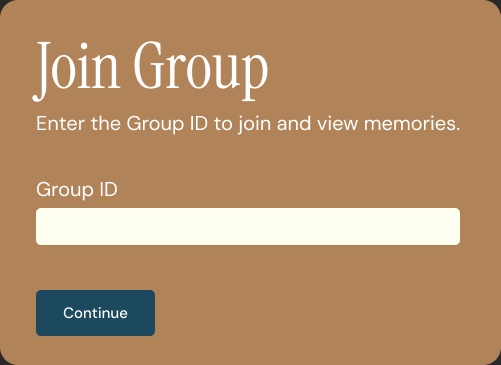 Join Group pop-up asking for a Group ID, with a Continue button