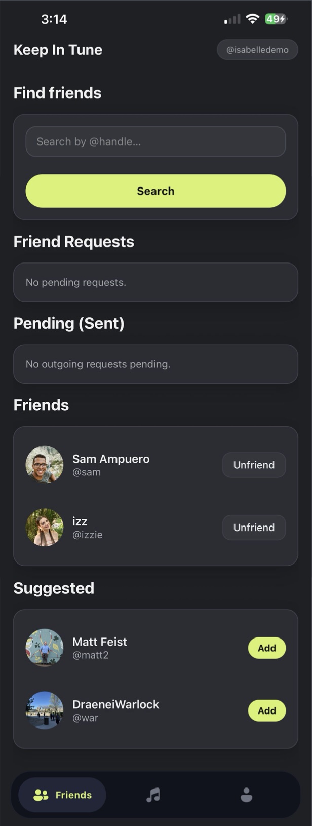 Friends tab with search, requests, current friends, and suggested friends