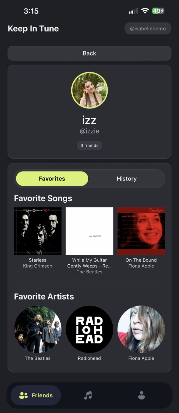 A friend’s profile on the Favorites tab, showing favorite songs and artists