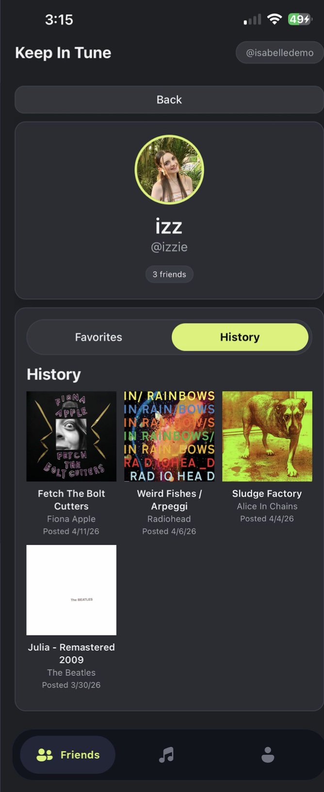 A friend’s profile on the History tab, showing songs they have posted