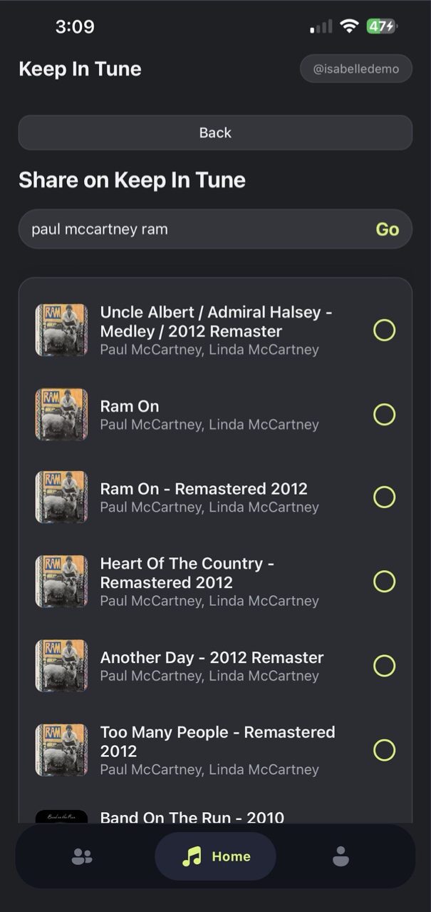 Song search results from Spotify with a selection circle on each row
