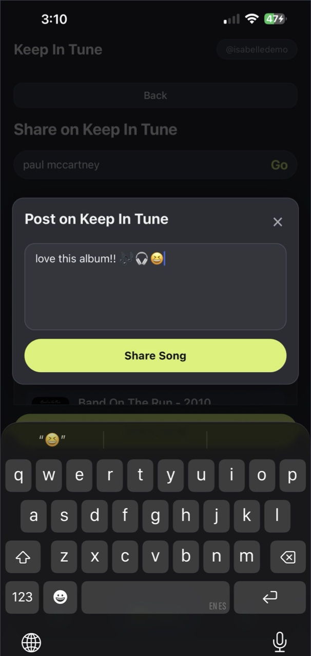 Caption pop-up with a Share Song button