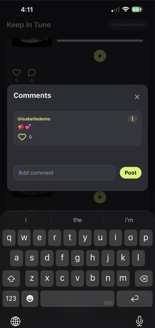 Comments pop-up with an add comment field and Post button