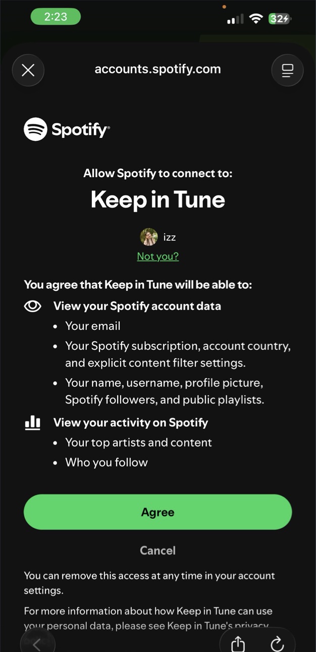 Spotify permission screen asking to connect to Keep In Tune