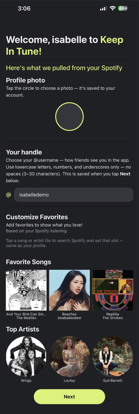 Profile personalization with photo, handle, favorite songs, and top artists