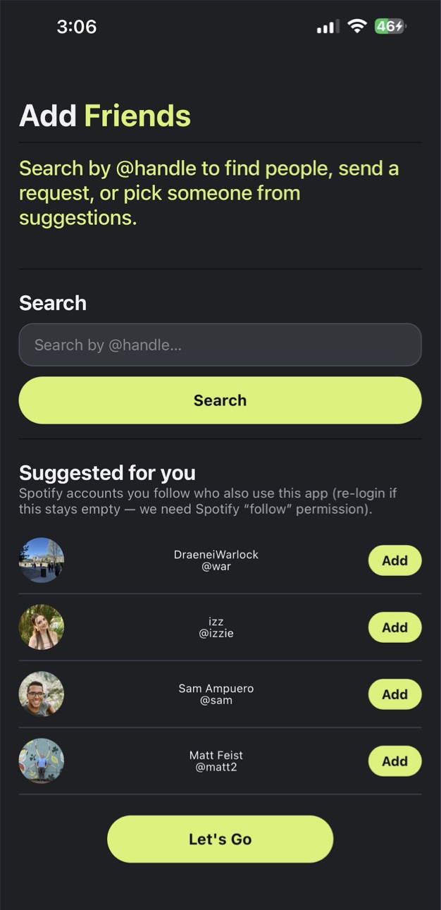 Add Friends screen with handle search and friend suggestions from Spotify