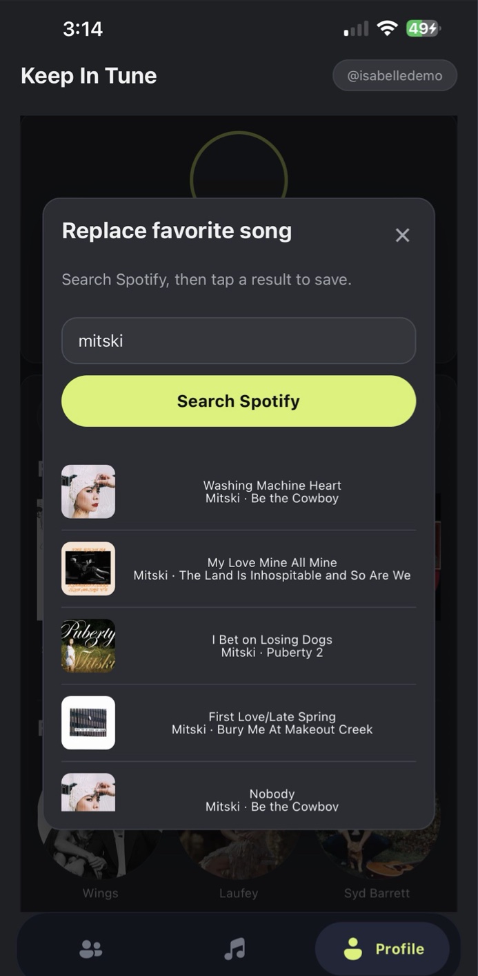 Replace favorite song pop-up with a Spotify search