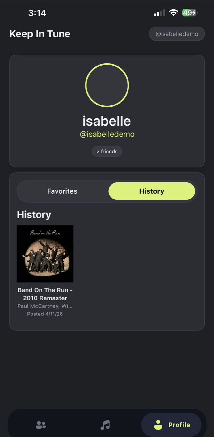 Your profile on the History tab with a grid of posted songs