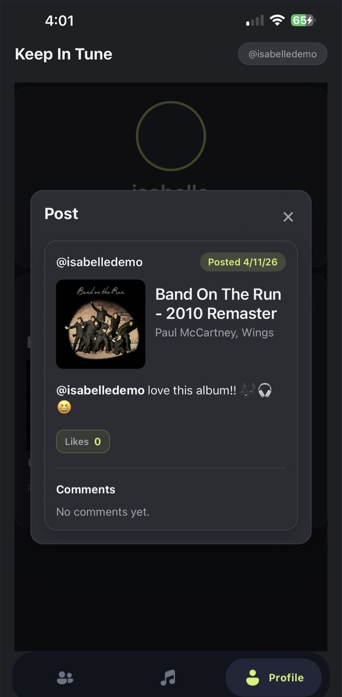 History pop-up showing a past post with its likes and comments